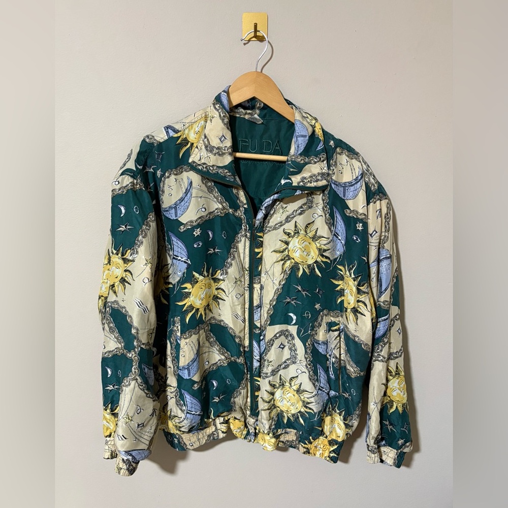 Vintage Sun and Moon Teal Zodiac Silk Full Zip Lightweight Windbreaker‎